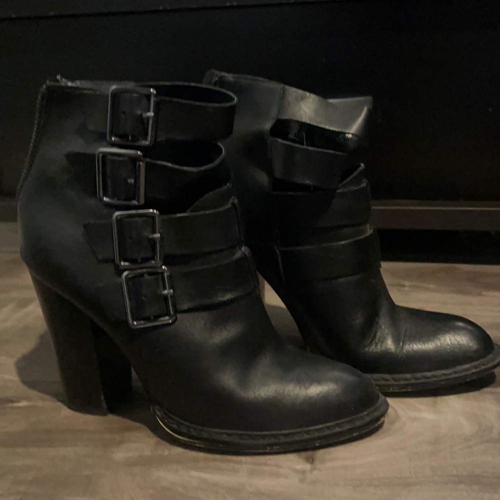 Leather Heel Ankle Boots with Buckles